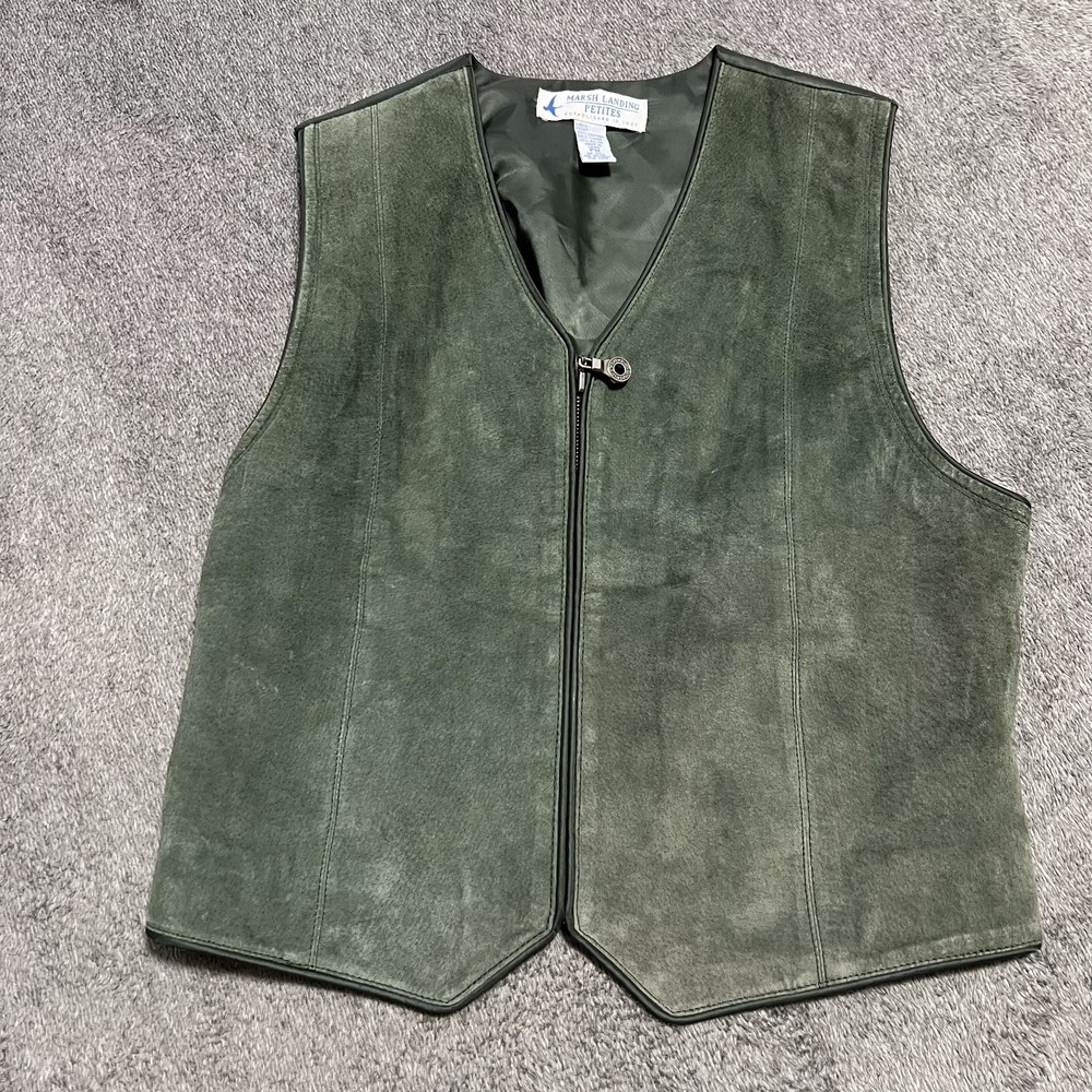 Vintage Marsh Landing Green Button Up Leather Vest Pockets Size Petite Medium